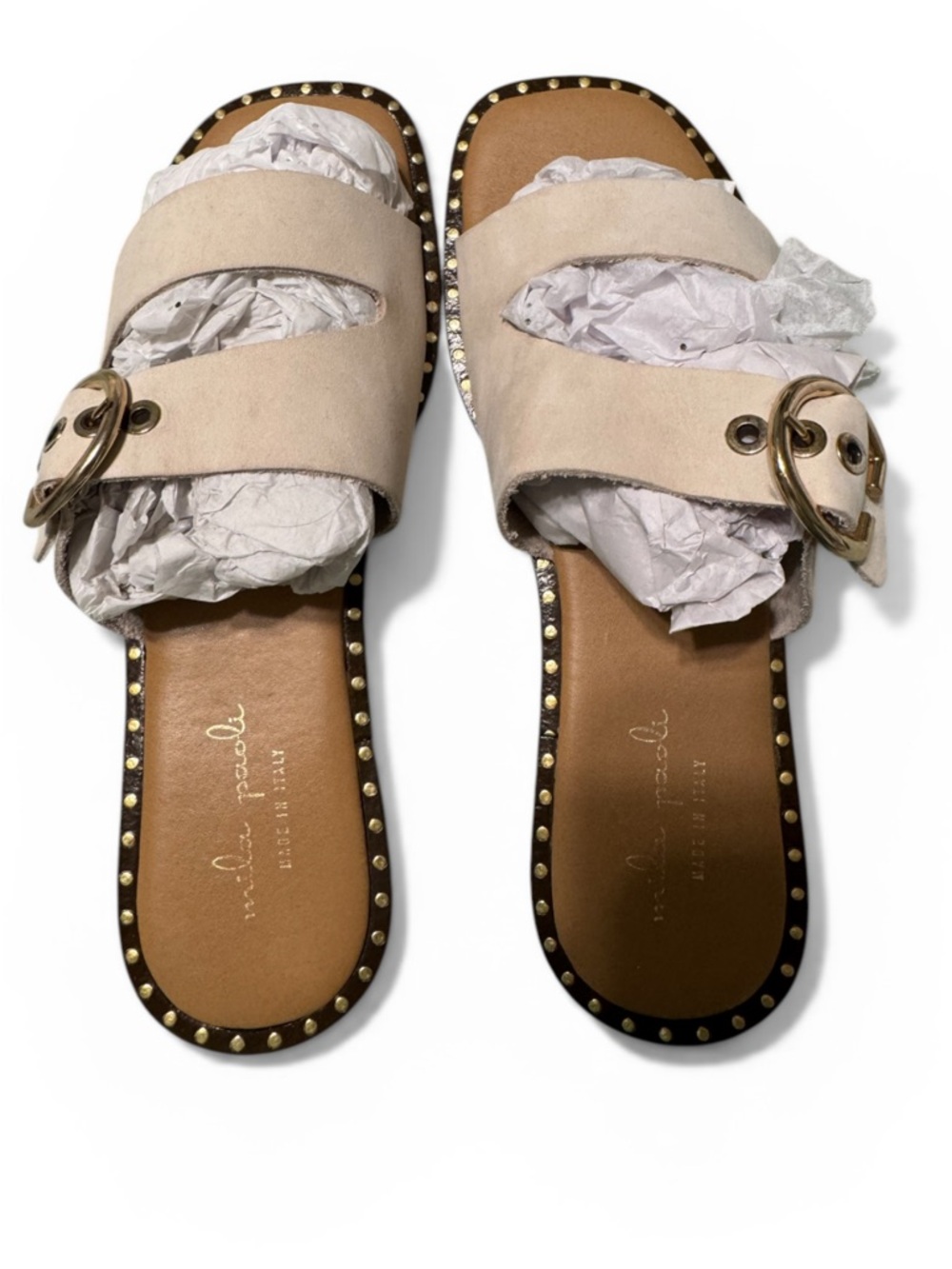 Mila Paoli Cream Suede Slide Sandals with Gold Buckle and Stud Trim. Not Micheal